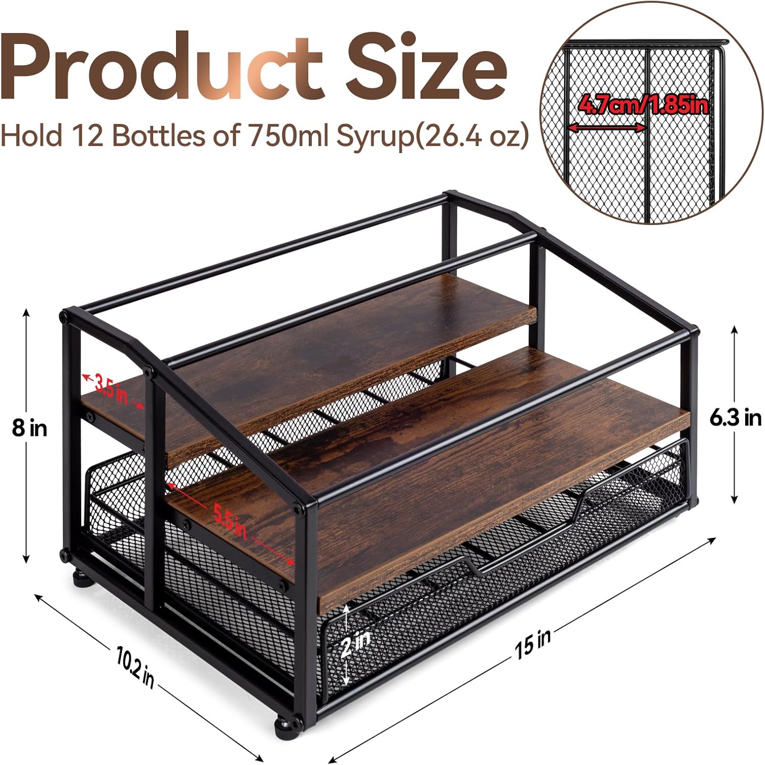 kimilus Coffee Syrup Rack Organizer, 3-Tier 8 Bottle Syrup Rack with 35 K Cup Drawer for Coffee Bar, Countertop Bottle Holder Stand for Dressing for Kitchen Cafe Station