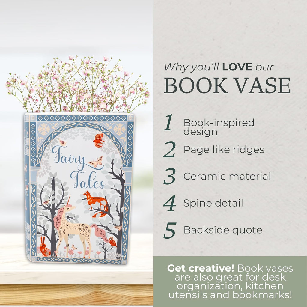 Steel Mill & Co Original Book-Shaped Decorative Vase, Ceramic Vases for Home Decor, Whimsical Bookshelf Decor, Unique Vase for Book Lovers (Large - Fairy Tales)