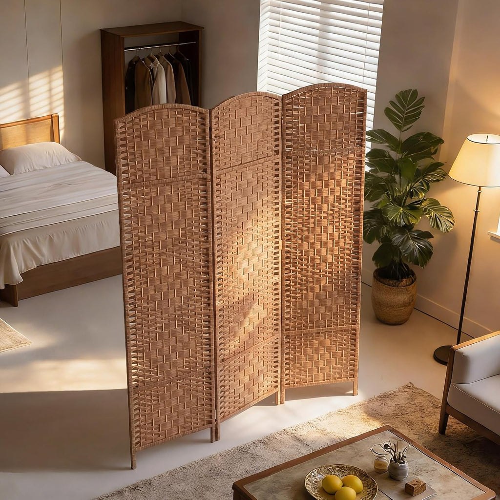 HOMCOM Room Divider 3 Panel, 6FT Tall Folding Privacy Screen, Freestanding Hand-Woven Partition for Room Separation with 360° Hinges, Paper Rope Diamond Weave, Natural