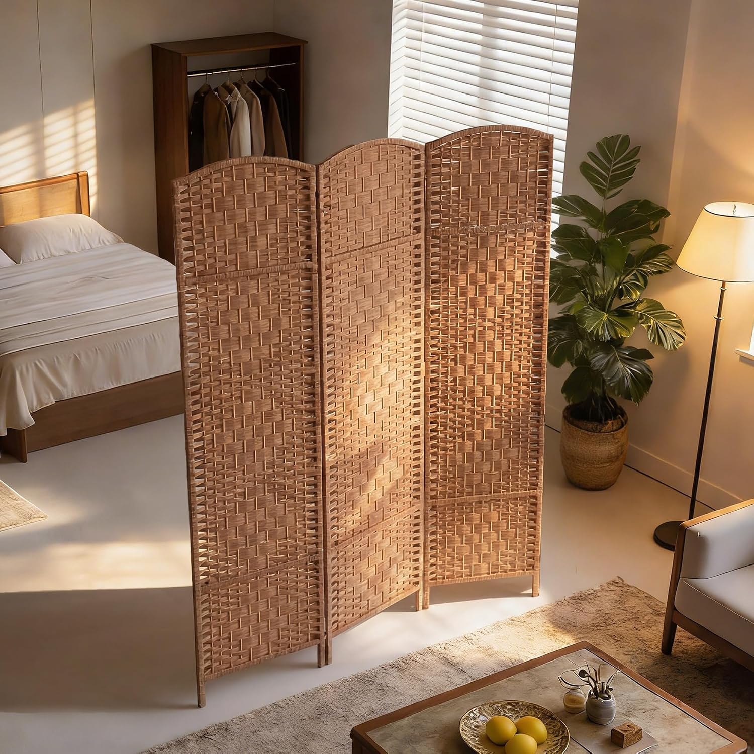 HOMCOM Room Divider 3 Panel, 6FT Tall Folding Privacy Screen, Freestanding Hand-Woven Partition for Room Separation with 360° Hinges, Paper Rope Diamond Weave, Natural