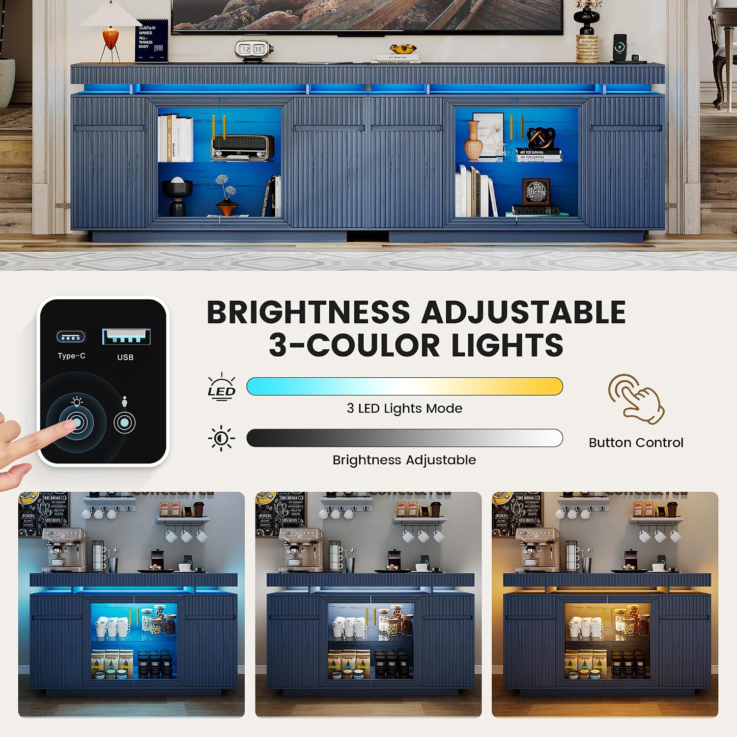 LVSOMT 47.2" Sideboard Buffet Cabinet with Storage, Modern Buff Storage Cabinet with Drawers with Motion Sensor, Lighting, Adjustable Shelf, Coffee Bars for Kitchen Dining Room Entryway (Blue)