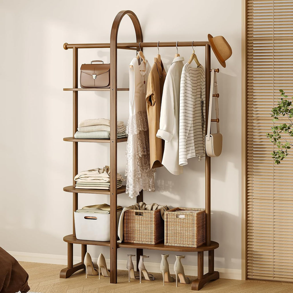41.3" Wide 3-in-1 Freestanding Clothing Rack, Wooden Coat Rack with 4 Shelves and 5 Hooks, Solid Rubber Wood Coat Rack with Shelves for Entryway, Bedroom, Living Room, Walnut