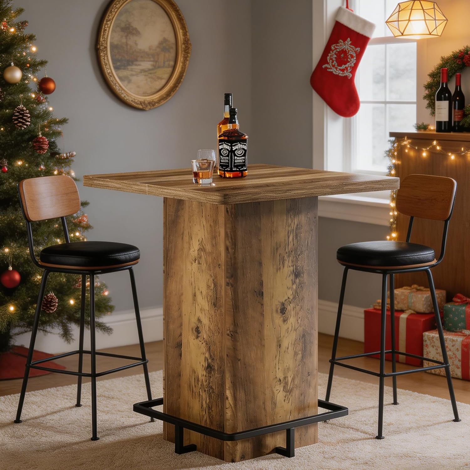 Tribesigns 39.37" Bar Height Table, Square Pub Table with Built-in Metal Footrest Ring, Sturdy Bistro Design for Kitchen, Home Bar, Small Space, Rustic Wood Grain