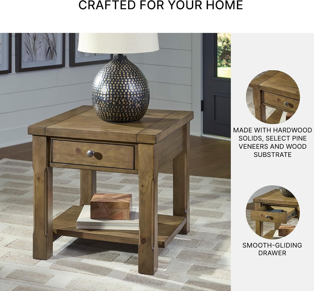 Signature Design by Ashley Vandenmore Casual 1-Drawer End Table with Bottom Shelf, Light Brown