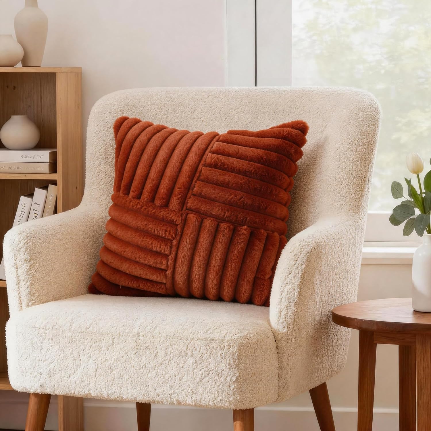 All Smiles Rust Throw Pillow Covers 18x18 Set of 2，Fall Autumn Burnt Orange Terracotta Decorative Cushion Cases Farmhouse Boho Living Room Sofa Couch Bed Soft Faux Fur Fluffy Velvet Cross Stitch