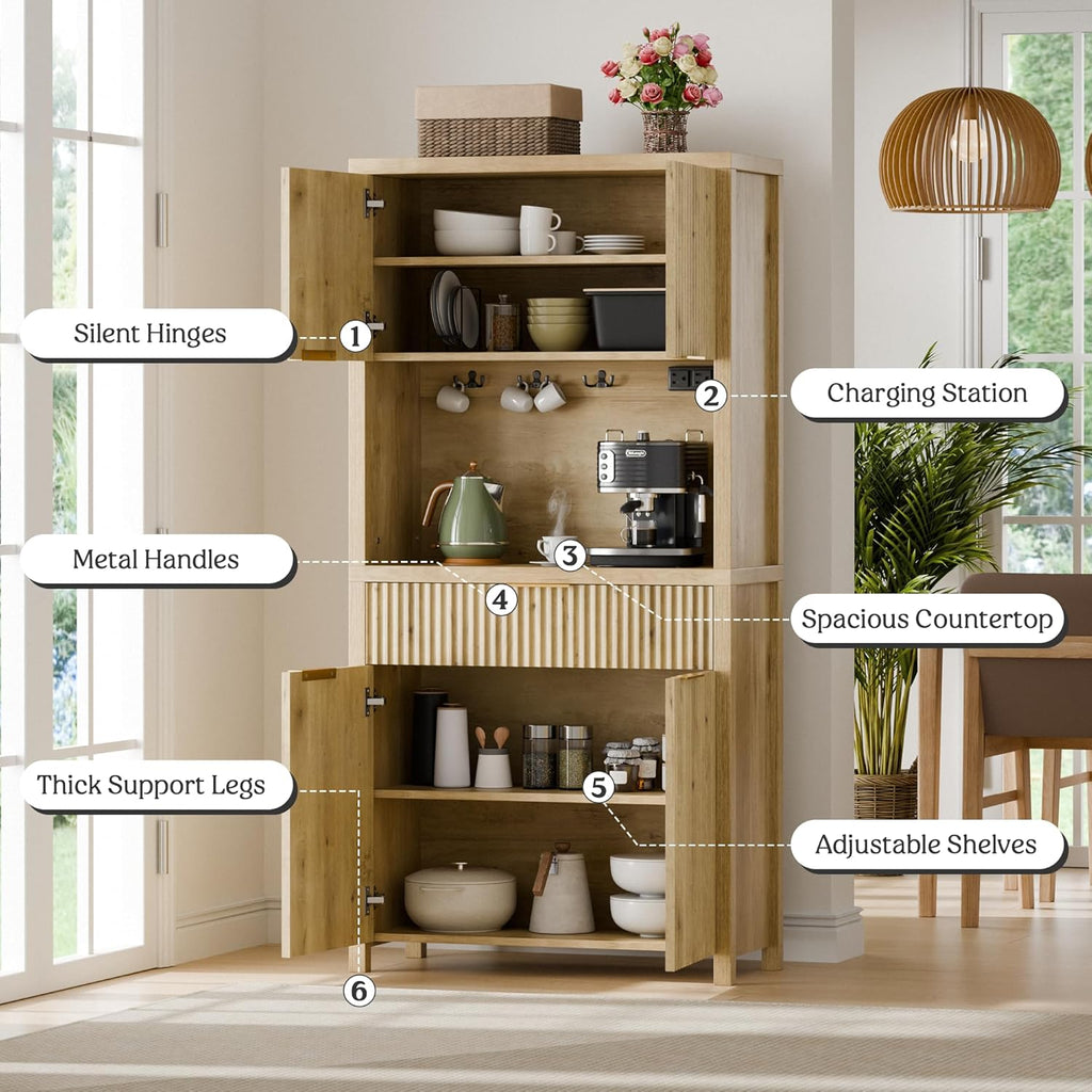 Lulive 71" Fluted Pantry Cabinet with Charging Station & Adjustable Shelves, Spacious Kitchen Storage Cabinet with Open Countertop & Drawer for Dining Room, Living Room, Natrual