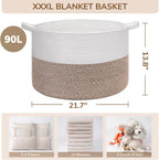 INDRESSME XXXLarge Blanket Basket for Living Room 21.7" x 21.7" x 13.8"-Storage Basket with Handle for Organizing Toy Pillows Woven Cotton Rope Laundry Basket Stuffed Animal Toy Storage for Play Room