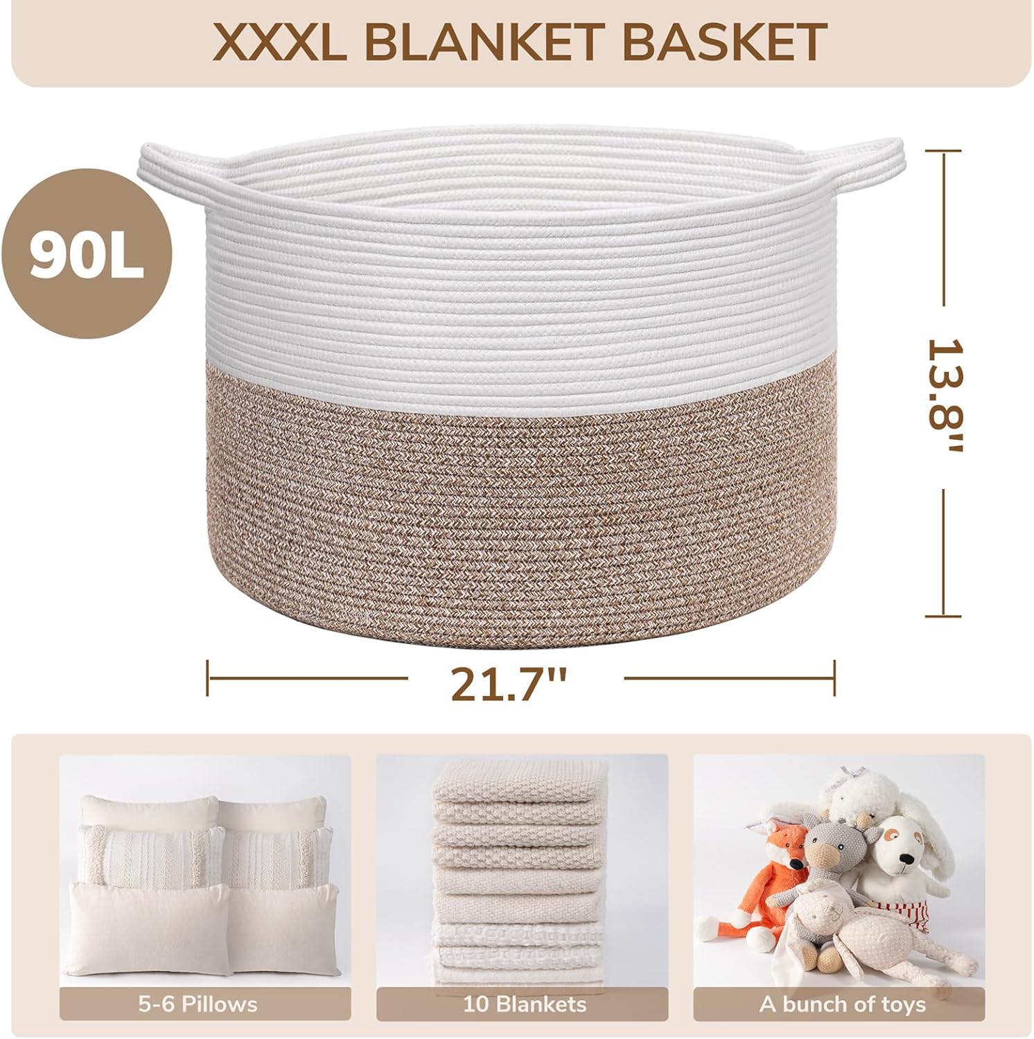 INDRESSME XXXLarge Blanket Basket for Living Room 21.7" x 21.7" x 13.8"-Storage Basket with Handle for Organizing Toy Pillows Woven Cotton Rope Laundry Basket Stuffed Animal Toy Storage for Play Room