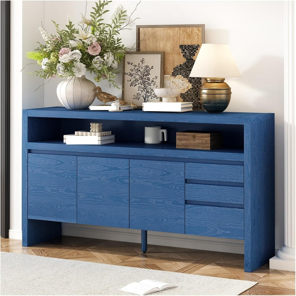 60" 3-Door Sideboard with 3 Drawers - Semi-Open Shelf & Center Semi-Circular Cutout in Back Panel, Large Storage Cabinet for Living Room, Hallway, Dining,for Kitchen