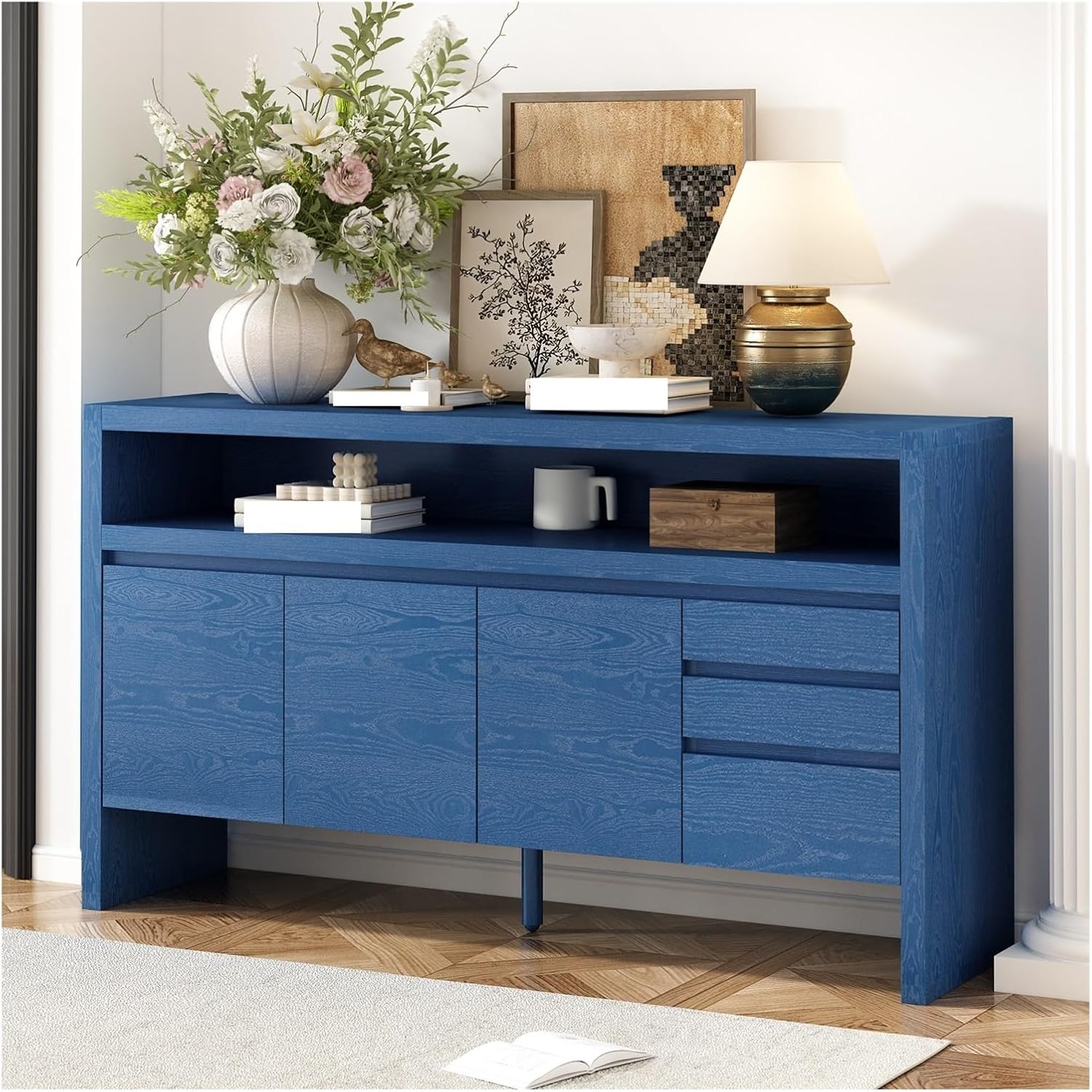 60" 3-Door Sideboard with 3 Drawers - Semi-Open Shelf & Center Semi-Circular Cutout in Back Panel, Large Storage Cabinet for Living Room, Hallway, Dining,for Kitchen
