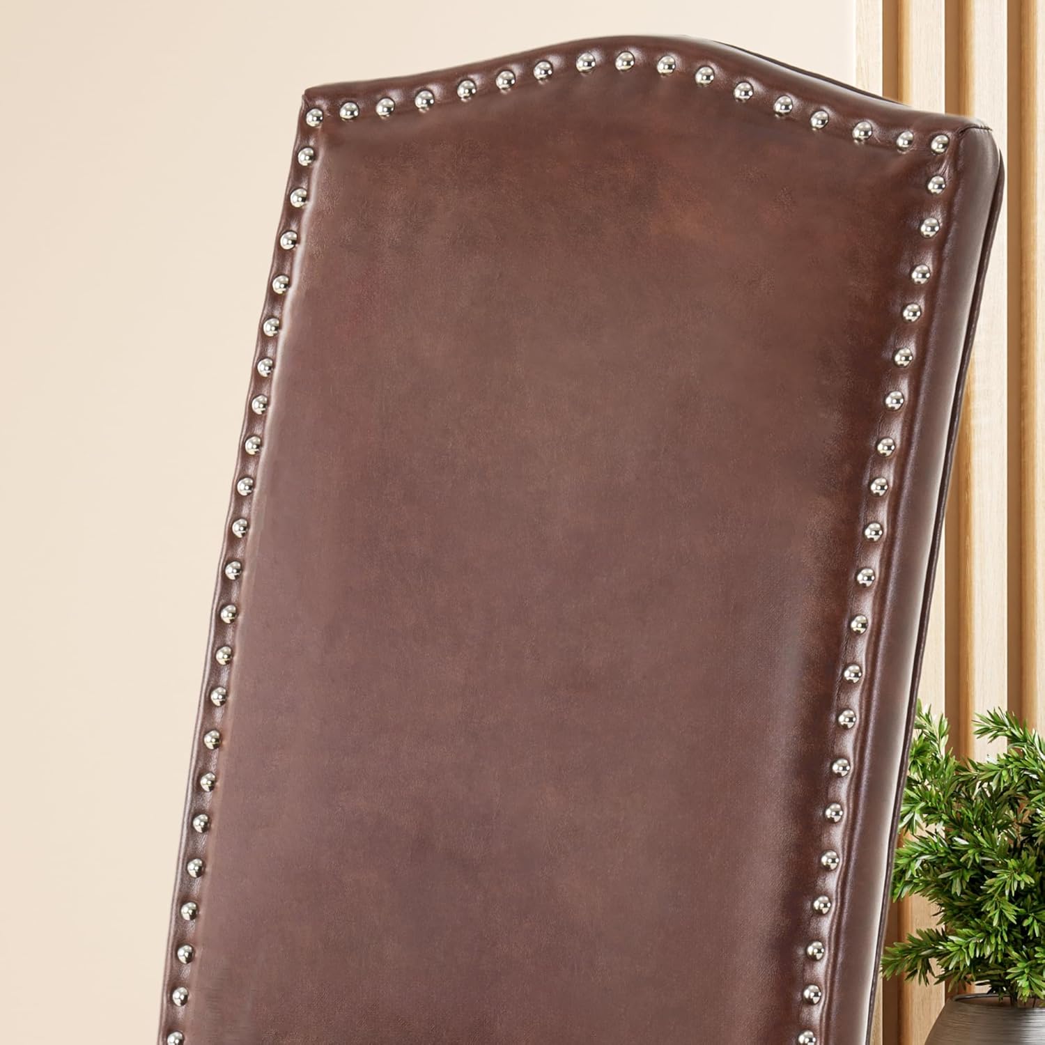 Upholstered Dining Chair Modern Stylish Parsons Kitchen Diner High Back with Silver Nailhead Trim & Wood Legs, Set of 2, PU Leather Dark Brown
