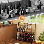 Homeiju Liquor Cabinet Bar for Home Bar, 3 Tier Wine Rack Freestanding Floor with Glass Holder and Fences, Trapezoidal Liquor Bottle Display Shelf for Liquor Whiskey Wine, Brown