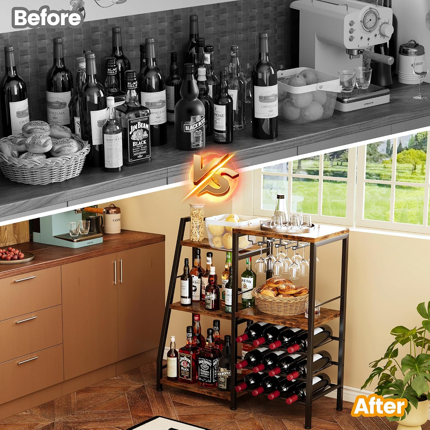 Homeiju Liquor Cabinet Bar for Home Bar, 3 Tier Wine Rack Freestanding Floor with Glass Holder and Fences, Trapezoidal Liquor Bottle Display Shelf for Liquor Whiskey Wine, Brown