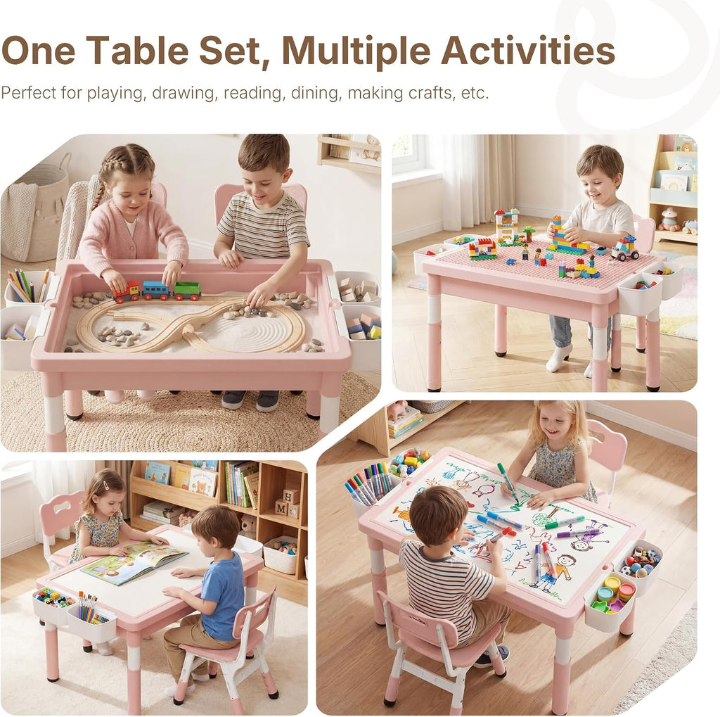4 in 1 Kids Table and 2 Chairs Set, Reversible Tabletop, Pink | Double-Sided Graffiti/Block Building Tabletop, Adjustable Height, Under-Table Storage, 4 Storage Bins, Toddler Activity Desk