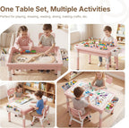 4 in 1 Kids Table and 2 Chairs Set, Reversible Tabletop, Pink | Double-Sided Graffiti/Block Building Tabletop, Adjustable Height, Under-Table Storage, 4 Storage Bins, Toddler Activity Desk