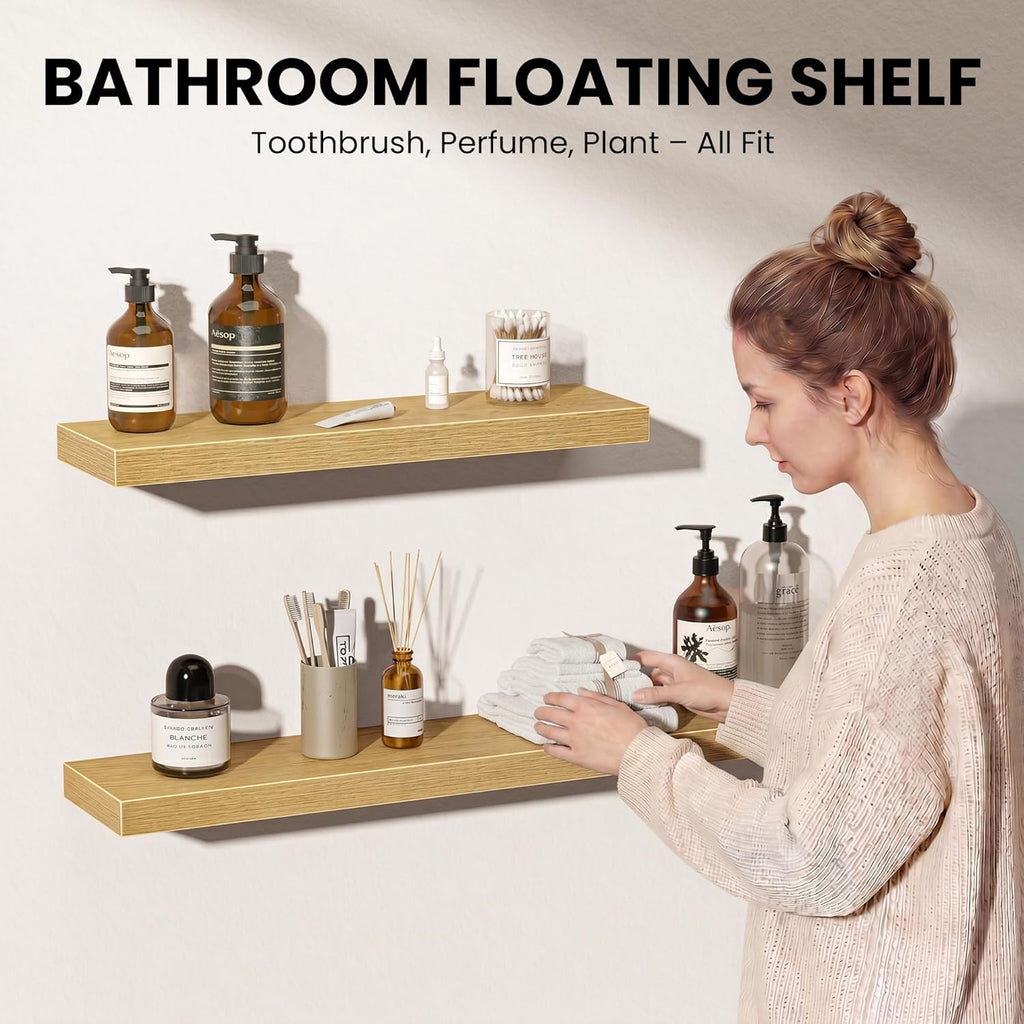 Fun Memories Floating Shelves for Wall 16 Inch, Set of 2 – Wall-Mounted Storage & Display Shelf with Invisible Bracket, Oak Floating Shelves for Living Room, Bedroom, Bathroom, Kitchen