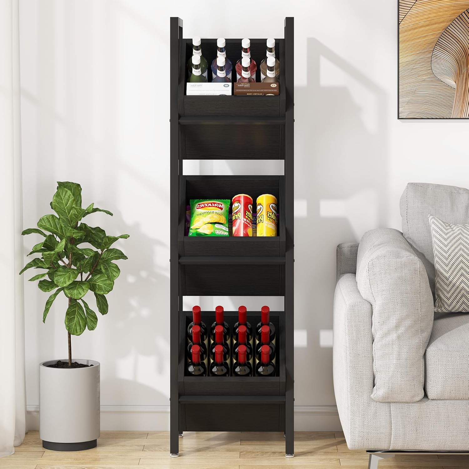Tribesigns Wine Rack Freestanding Floor, 3 Tier Wooden Wine Storage Stand, Wobble-Free Wine Holder Display Shelf Liquor Bottle Organizer for Kitchen, Cellar (Black)
