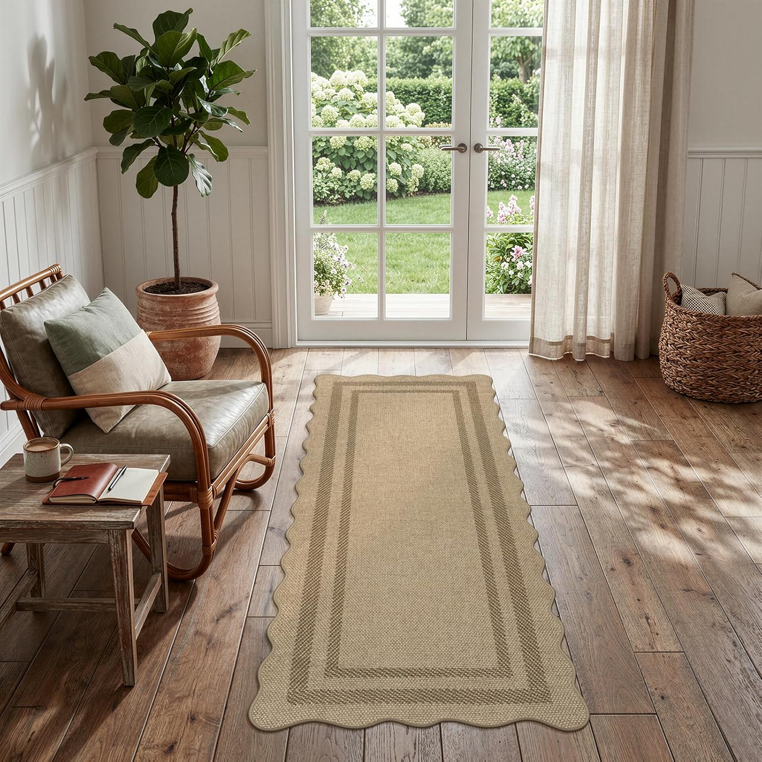 LIVEBOX Scalloped Easy Jute 2x5 Runner Kitchen Rug, Washable Non Slip Tan Rugs for Entryway Hallway, Indoor Outdoor Rug Geometric Farmhouse Carpet Door Mat Runners for Porch Bedroom Laundry Room