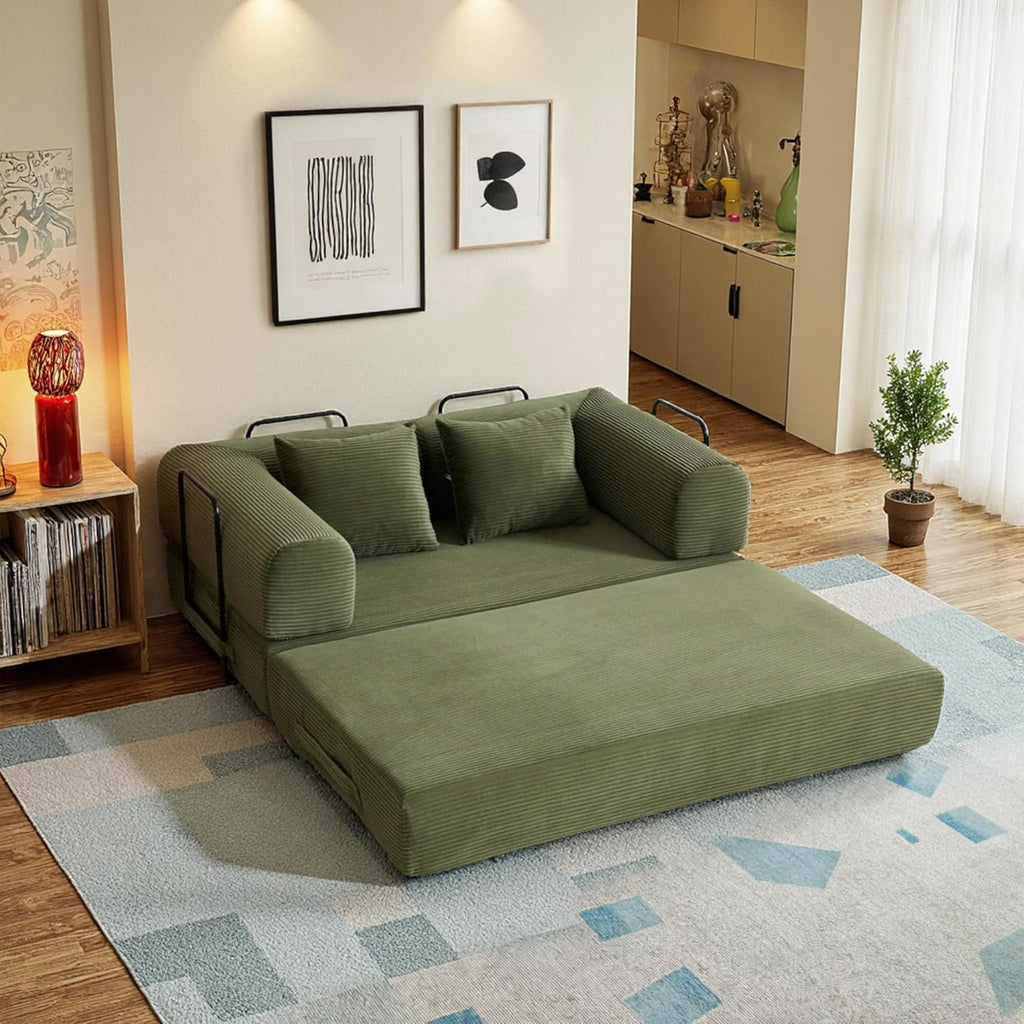 59in Convertible Sofa Bed, Corduroy Boneless Couch Bed, Futon Sleeper Sofa Pull Out Bed, Foldable Couch for Living Room Apartment, No Assembly Required