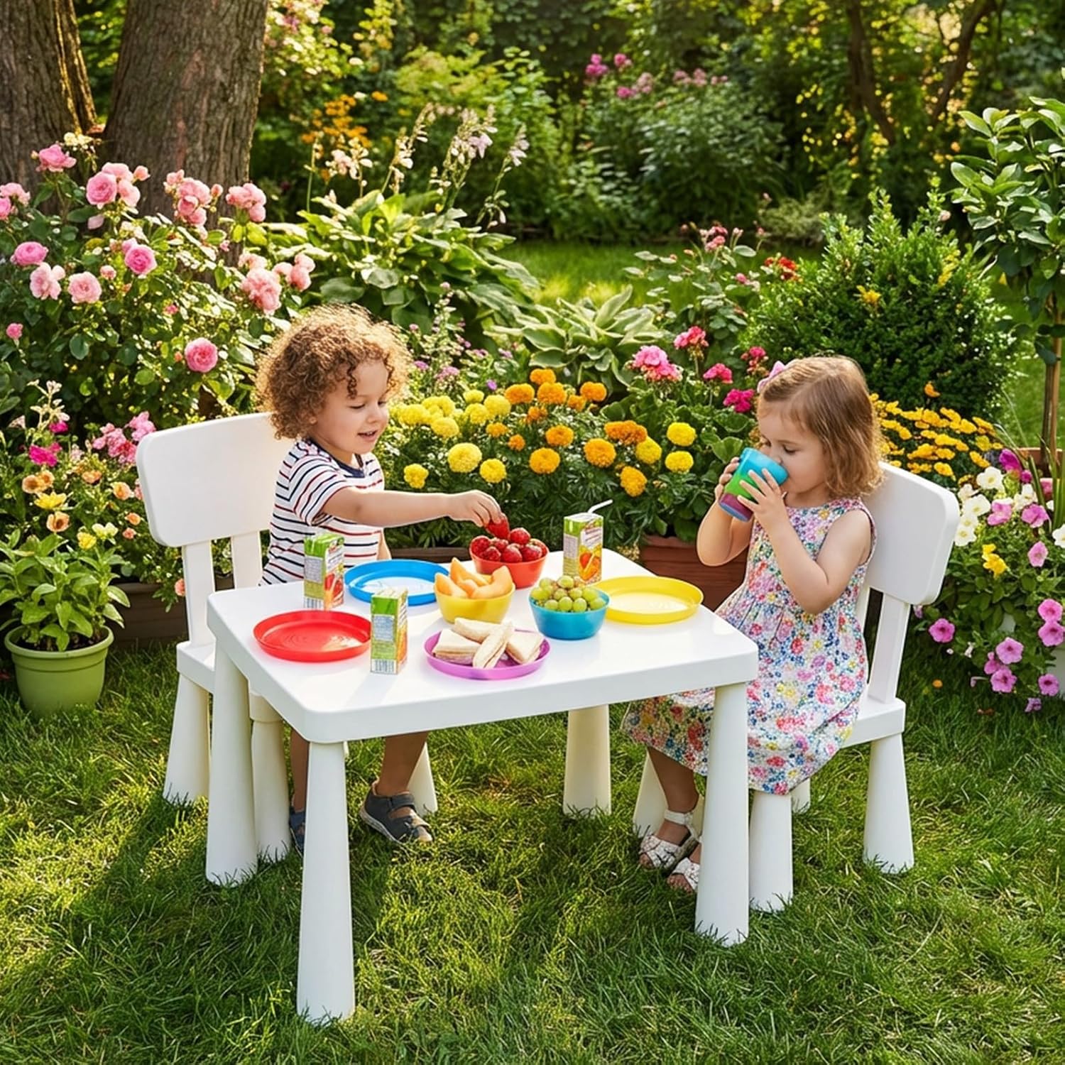Costzon Kids Table and Chairs, 3 Piece Plastic Easy Clean Children Activity Desk for Reading, Drawing, Snack Time, Arts Crafts, Preschool, Kindergarten & Playroom, Toddler Table and Chair Set (White)