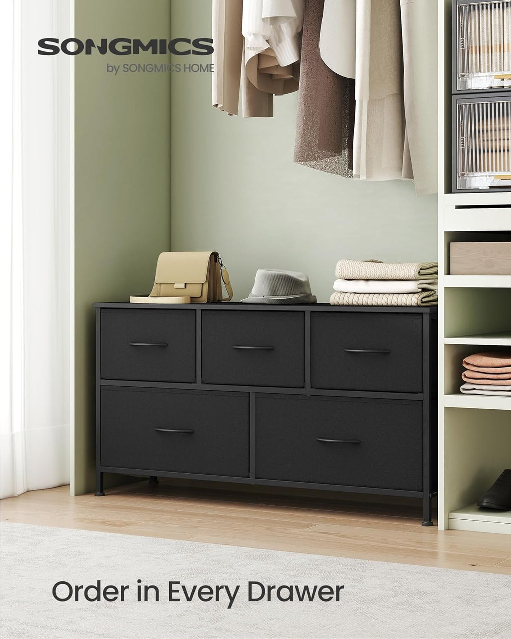 SONGMICS Dresser for Bedroom, Chest of Drawers, Steel, MDF, 5 Non-Woven Fabric Drawers, Storage Organizer Unit, Closet, Entryway, Ink Black and Ebony Black ULGS322B01S