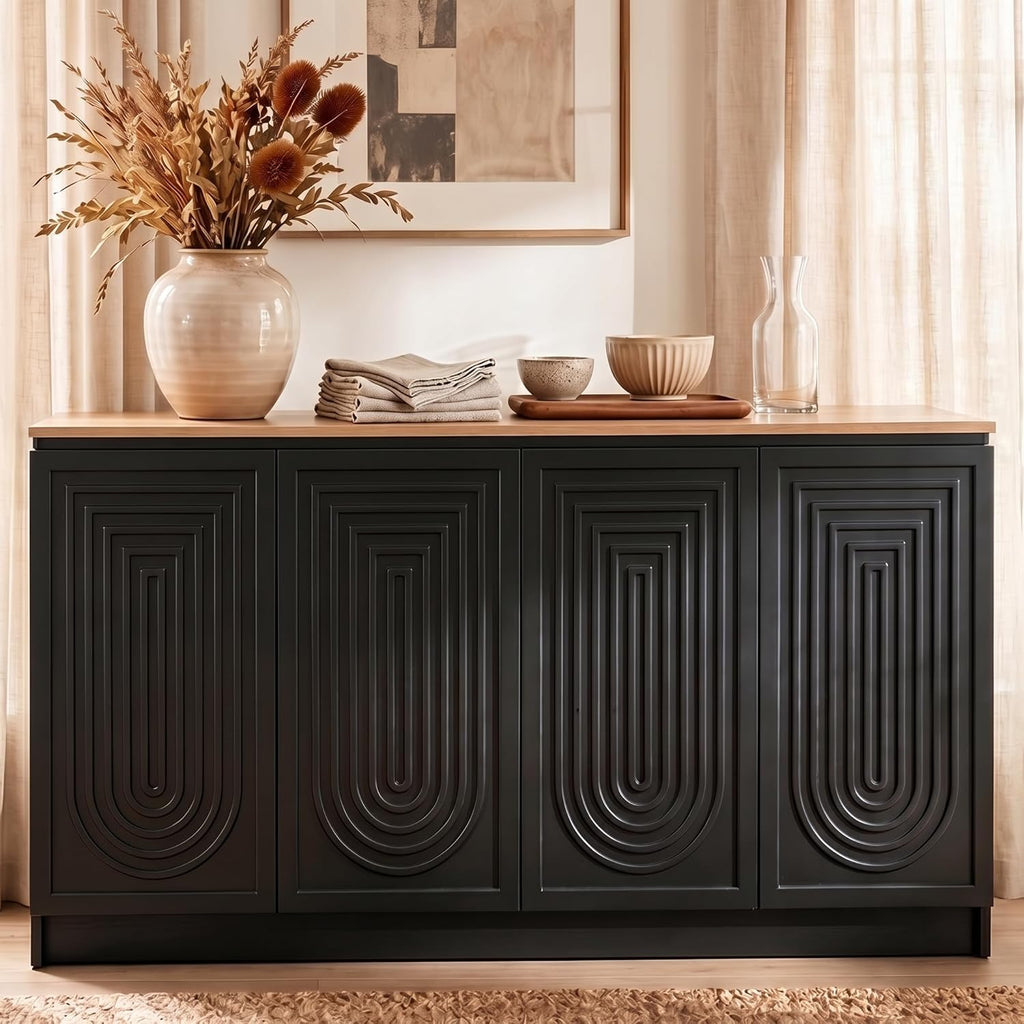 Gyfimoie 63" Fluted Sideboard Buffet Cabinet with Storage, Modern Credenza with Adjustable Shelves, Wood Accent Cabinet with 4 Doors, Dining Room Buffet Cabinet for Kitchen Living Room Entryway, Black
