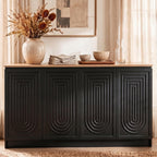 Gyfimoie 63" Fluted Sideboard Buffet Cabinet with Storage, Modern Credenza with Adjustable Shelves, Wood Accent Cabinet with 4 Doors, Dining Room Buffet Cabinet for Kitchen Living Room Entryway, Black