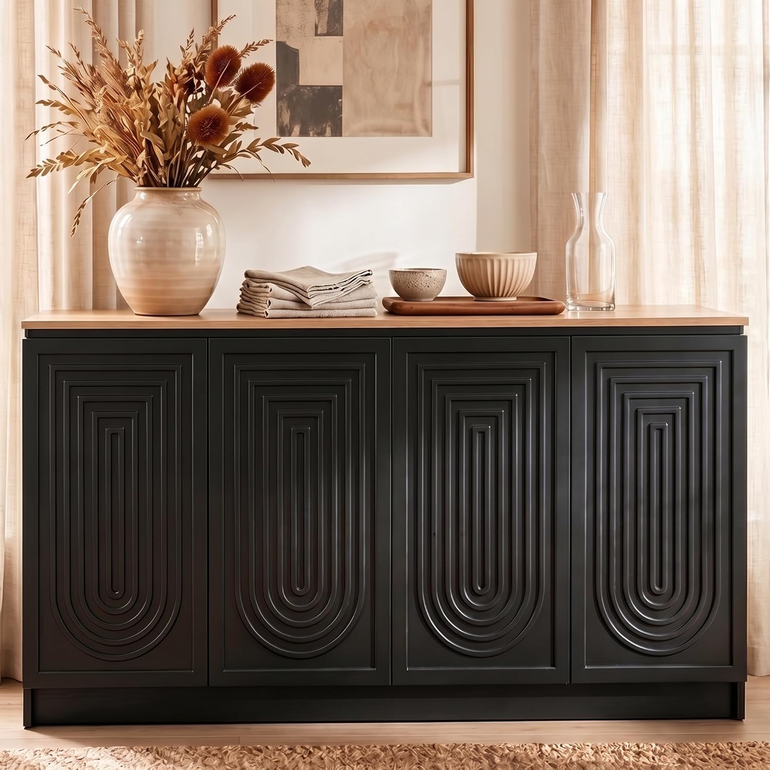 Gyfimoie 63" Fluted Sideboard Buffet Cabinet with Storage, Modern Credenza with Adjustable Shelves, Wood Accent Cabinet with 4 Doors, Dining Room Buffet Cabinet for Kitchen Living Room Entryway, Black