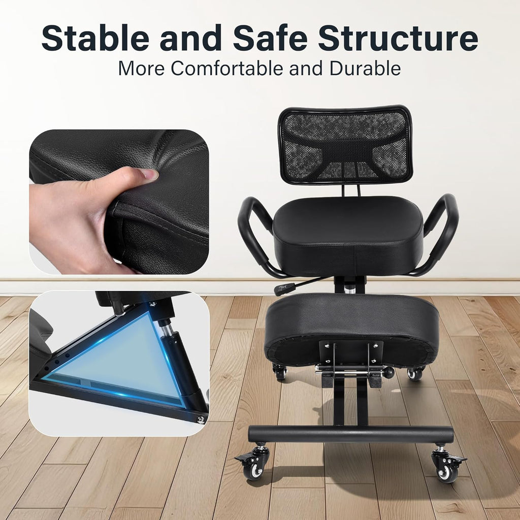 Ergonomic Kneeling Chair with Back Support, Height Adjustable Office Stool, Thick Memory Foam Cushions, Brake Casters Desk Chair for Home Office, Posture Correcting Kneeling Stool for Back Pain Relief