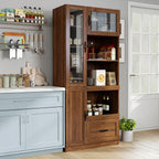 70.87" Tall Kitchen Pantry Storage Cabinet with Pull-out Trays, Farmhouse Hutch Cupboard with 3 Doors, Open Shelves and Drawer, Coffee Bar Cabinet with Microwave Stand for Dining Room, Coffee Bar