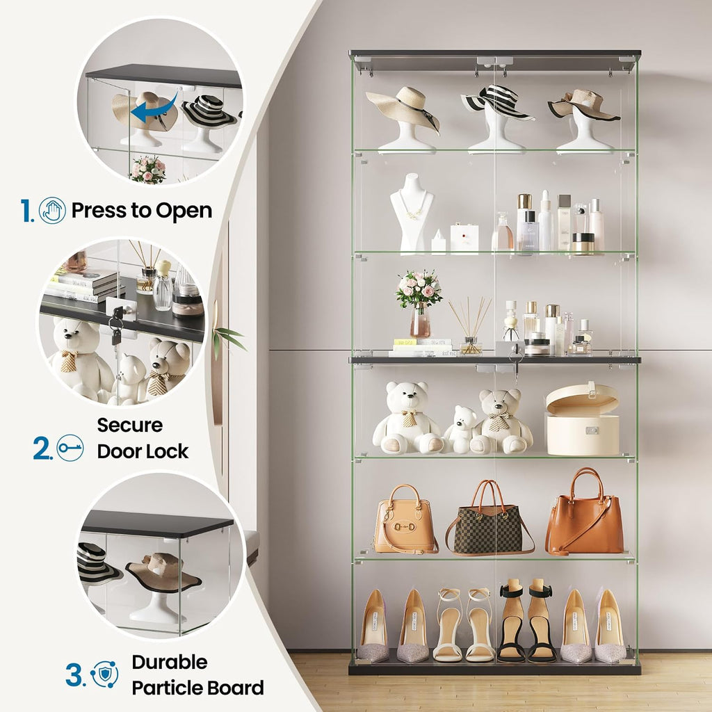 Dystler Display Cabinet with Glass Doors, 70" Tall Clear Curio Cabinet with RGB LED Lights for Collectibles, Figures, Lighted 6-Tier Glass Display Case for Living Room, Black