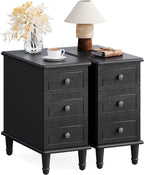 LITTLE TREE Fully Assembled End Table, Set of 2, Narrow Bedside Table with 3 Drawers, Vintage Nightstand for Small Spaces, Living Room, Bedroom, Black
