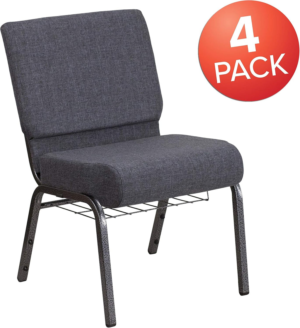 Flash Furniture 4 Pack HERCULES Series 21''W Church Chair in Dark Gray Fabric with Book Rack - Silver Vein Frame