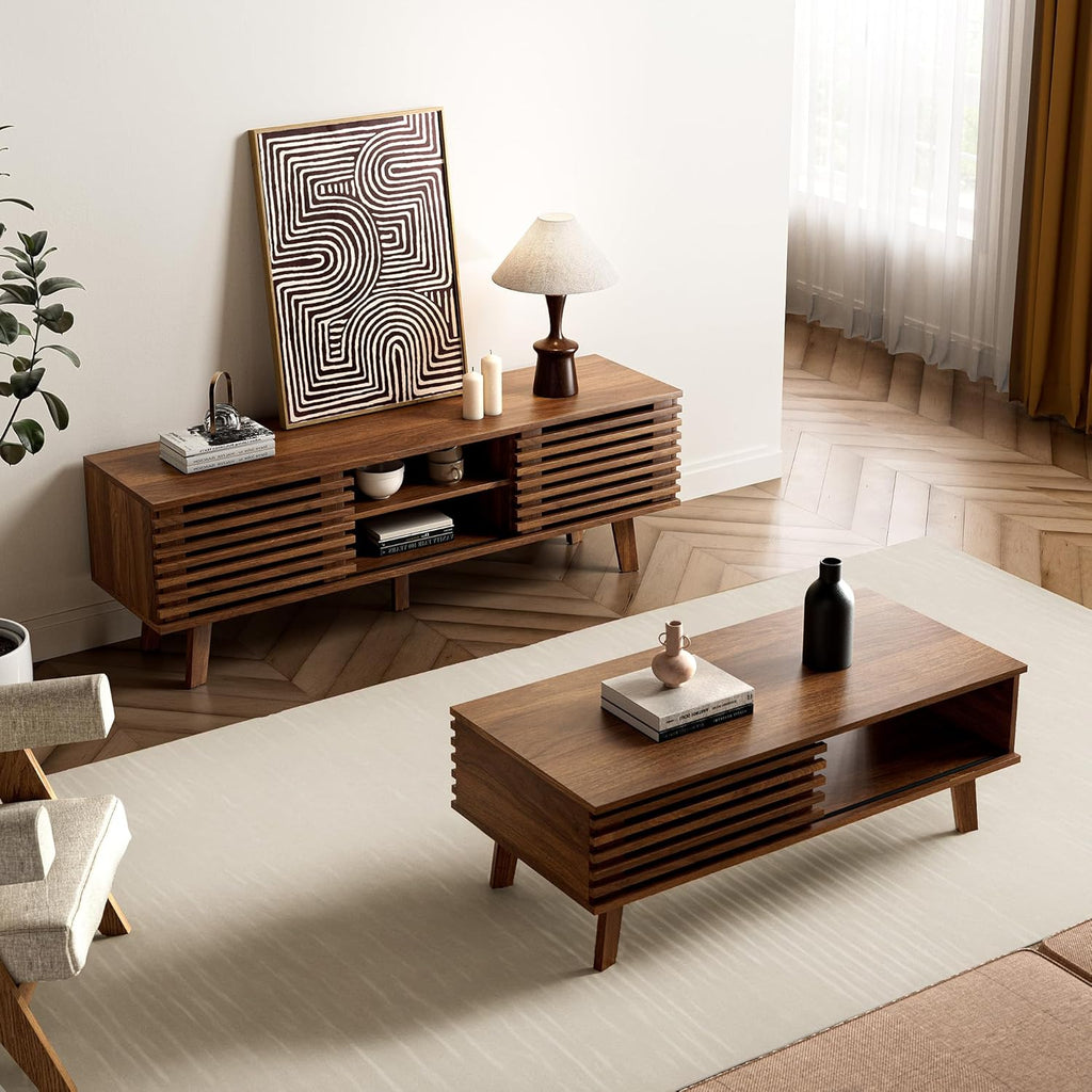Furniway Living Room Table Sets of 2, Mid Century Coffee Table and TV Stand, Wood Coffee Table with Storage, Modern TV Stand for Bedroom, Living Room, Walnut