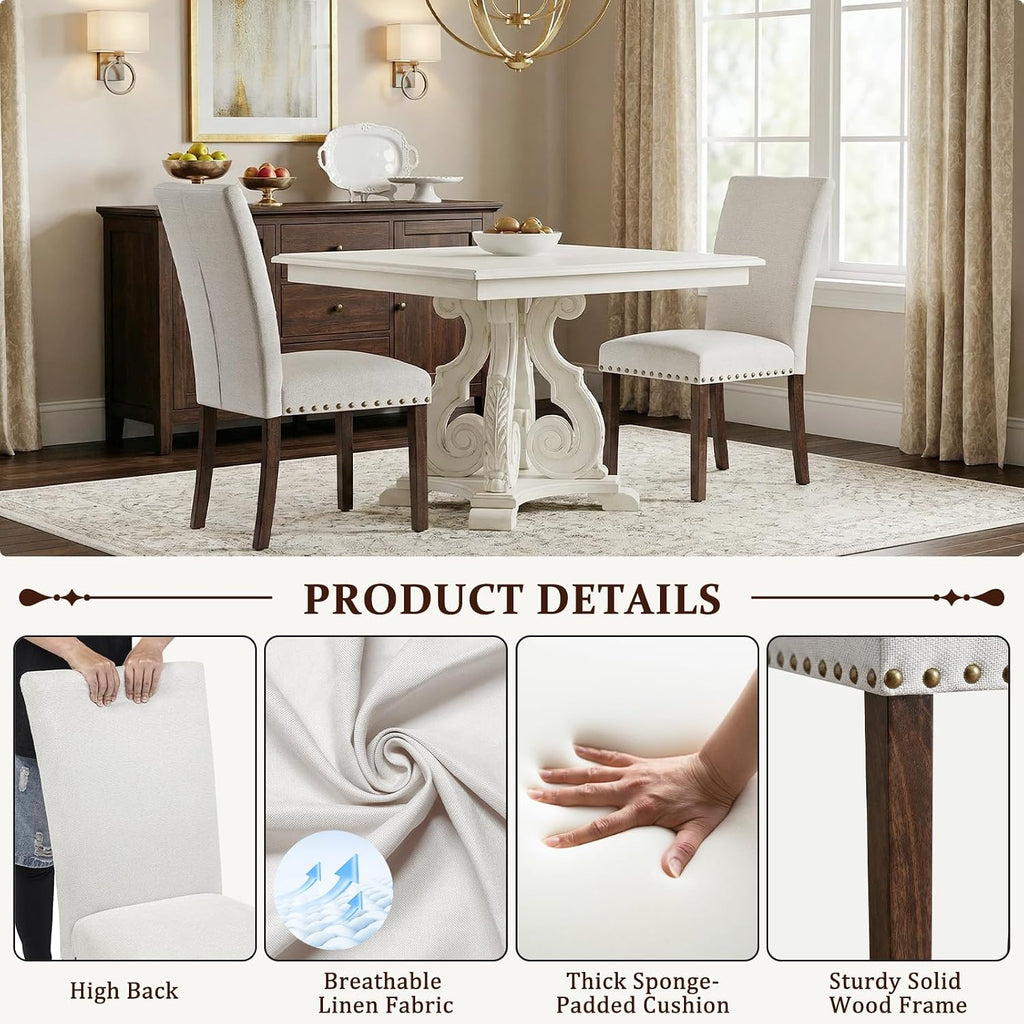 Furniliving Upholstered Dining Chairs Set of 2 - Line Fabric Modern Farmhouse Kitchen Chairs, High-Back Dining Room Chairs with Wooden Legs for Kitchen Dining Room Living Room, Beige