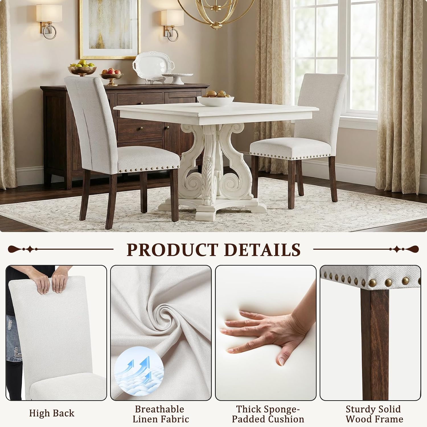 Furniliving Upholstered Dining Chairs Set of 2 - Line Fabric Modern Farmhouse Kitchen Chairs, High-Back Dining Room Chairs with Wooden Legs for Kitchen Dining Room Living Room, Beige