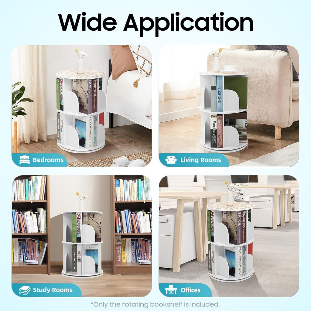 2 Tier Rotating Bookshelf for Living Room, Bedroom, Office & Study | 360° Revolving Bookcase, Dividers, Anti-Falling Design, Space Saving, Floor Standing, Book Organizer