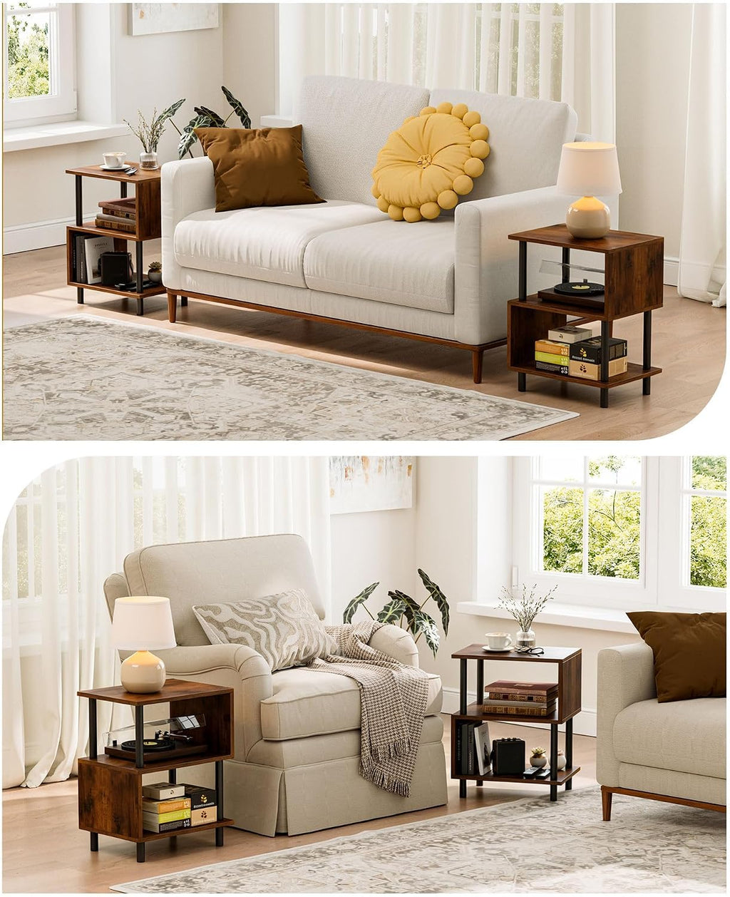 Frylr Small Side Table, End Table and Nightstand with 3-Tier Wood Shelves, Sturdy Metal Frame with 44 LBS Capacity per Shelf, Easy to Assemble for Living Room or Bedroom,Rustic Brown