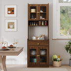 Modern Buffet with Hutch, Kitchen Pantry Storage Cabinet with 4 Glass Doors and Microwave Space for Dining Room, Living Room, Walnut