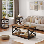 Bigbiglife Living Room Coffee Table Set of 3, Industrial X-Design Coffee Table and 2 End Side Tables, 3 Piece Living Room Table Set with Large Storage for Apartment Home (Rustic Brown)