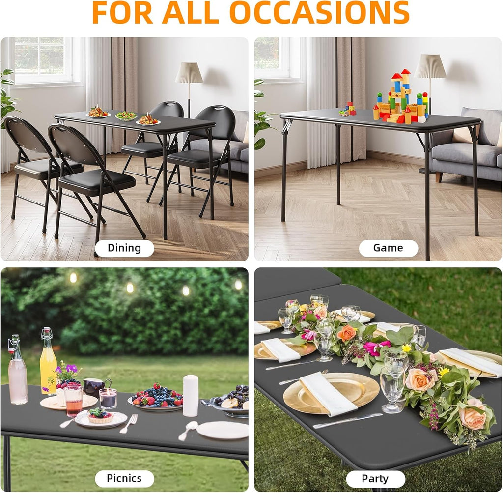 Garvee 4 ft Folding Table Indoor Outdoor, Protable Foldable Card Table, Lockable Metal Legs Support, Upholstered PU Leather Tabletop, Heavy Duty for Picnic Parties Wedding BBQ Camping