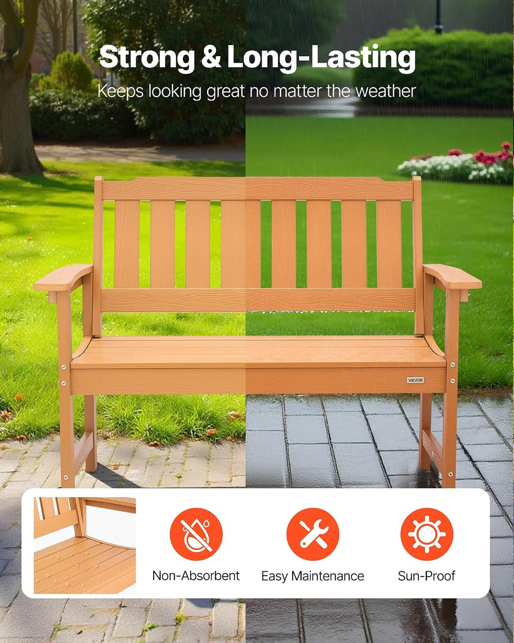 VEVOR Outdoor Bench, 50.5 inch, 800 lbs Weight Capacity for 2-3 Persons, Weatherproof Plastic Frame with Backrest and Wide Armrests, Outside Bench for Patio, Garden, Park, Yard, Natural Wood Color