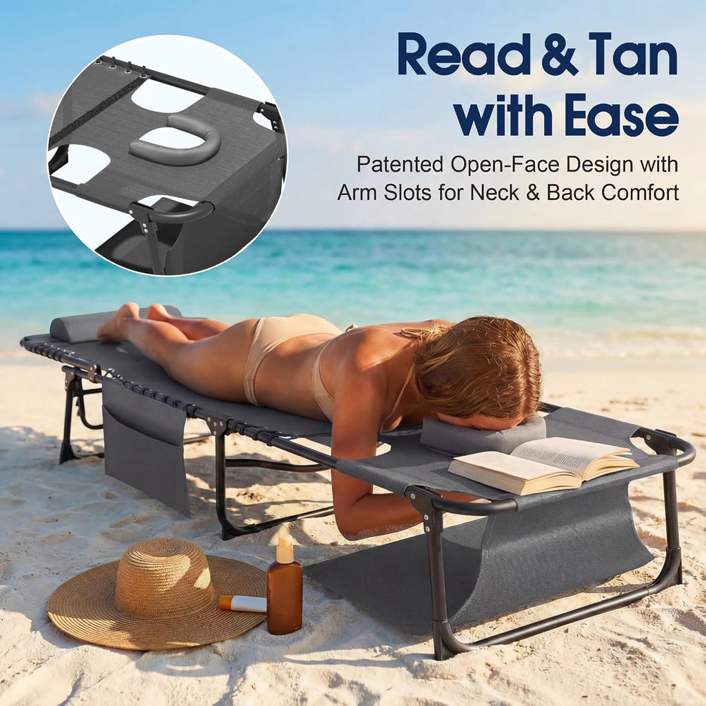 Flamaker Oversize Face Down Chaise Lounge Chair | 27 Inch Wide Foldable Outdoor Patio Chair, 5-Position Adjustable Tanning Chair with Face& Arm Holes (Grey, 1 Pcs)