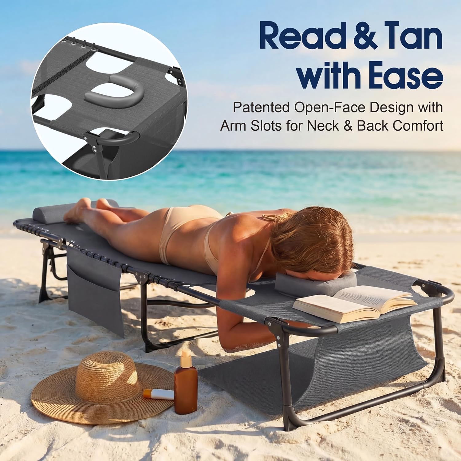 Flamaker Oversize Face Down Chaise Lounge Chair | 27 Inch Wide Foldable Outdoor Patio Chair, 5-Position Adjustable Tanning Chair with Face& Arm Holes (Grey, 1 Pcs)