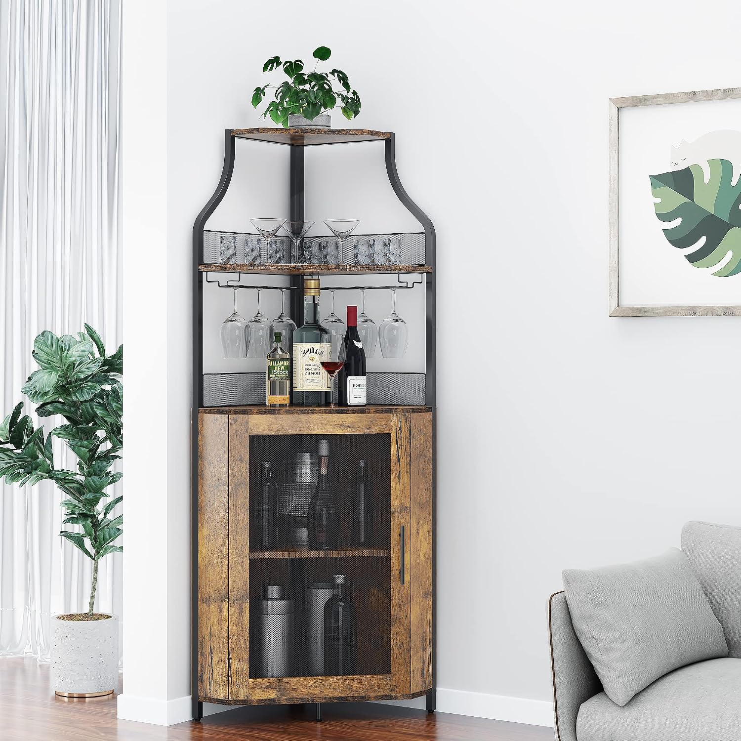 Corner Wine Cabinet Removable Design with Glass Shelves Mesh Doors Compact Sideboard and Buffet Cabinet Ideal for Home Bar and Living Room Storage