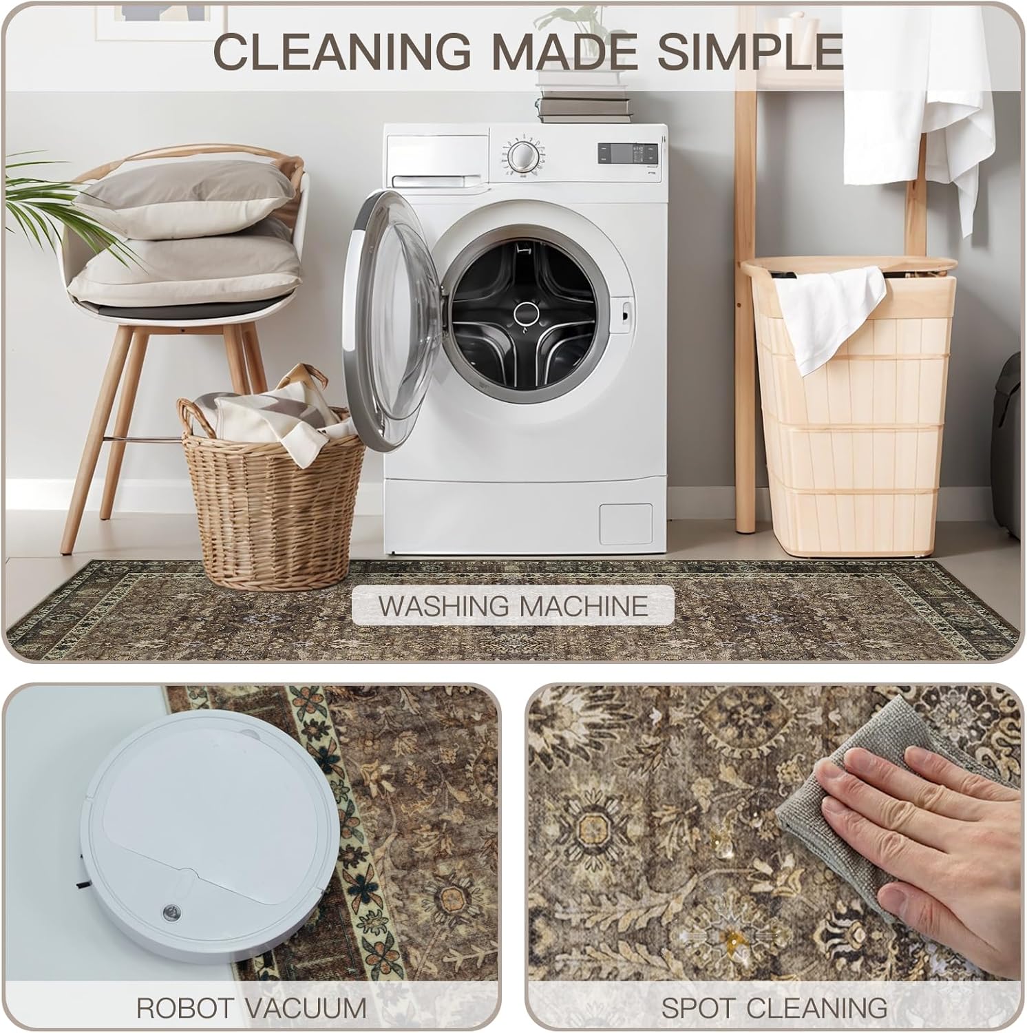 Washable Runner Hallway Rug,Low Pile 2x6 Non Slip Non-Shedding Kitchen Carpet Soft Indoor Stain Resistant Rug for Bedroom Laundry Room Bathroom Brown Floral