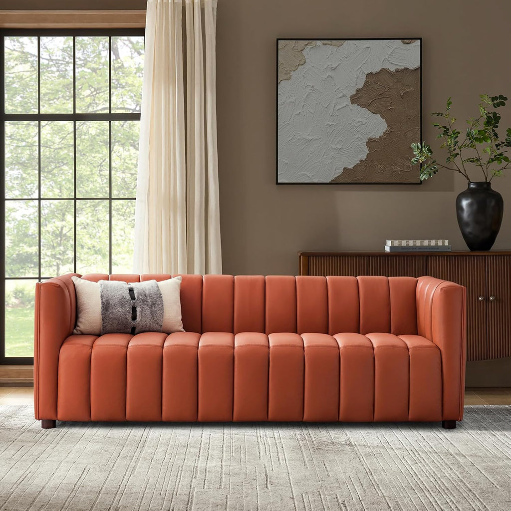 HULALA HOME 83" Genuine Leather Sofa with Channel Tufted Design, 3-Seater Sofa for Living Room Bedroom, Modern Oversized Couch with Wood Legs, Brick