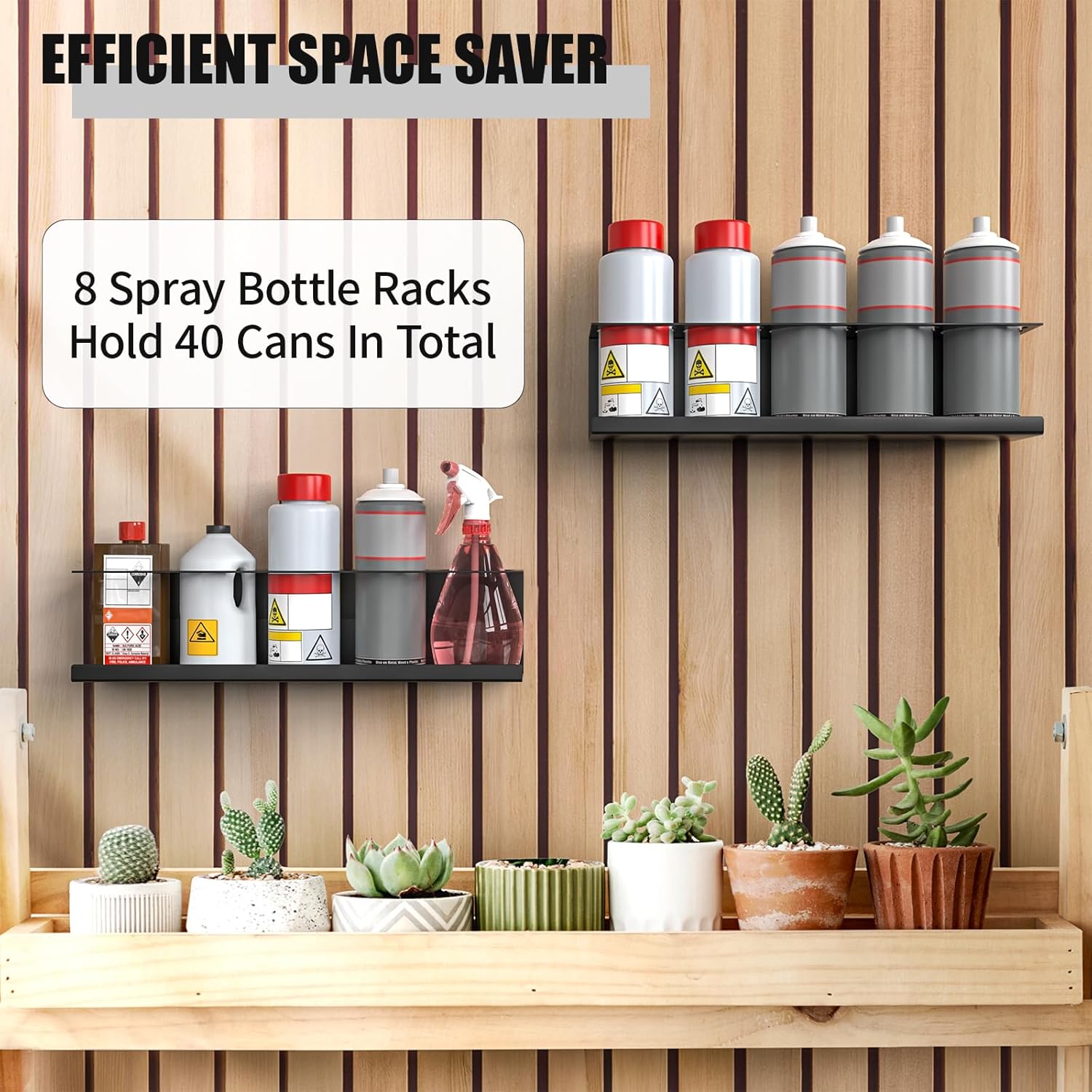 Riciakik 8 Pack Spray Bottle Holder Wall-Mounted, Aerosol Spray Can Holder Storage Rack, Heavy-Duty Paint Bottle Organizer with 40 Holes, Steel Black Spray Rack for Garage, Shop, Home or Tool Trailer