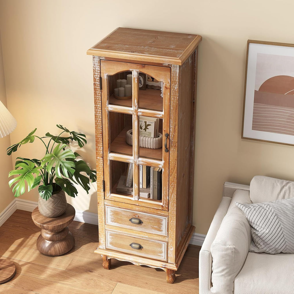 Tall Storage Cabinet with Glass Door & 2 Drawers — Vintage Wood Display Cabinet, Single Door Cabinet with Shelves, Wood Storage Cabinet for Living Room (Solid Wood Frame + MDF)