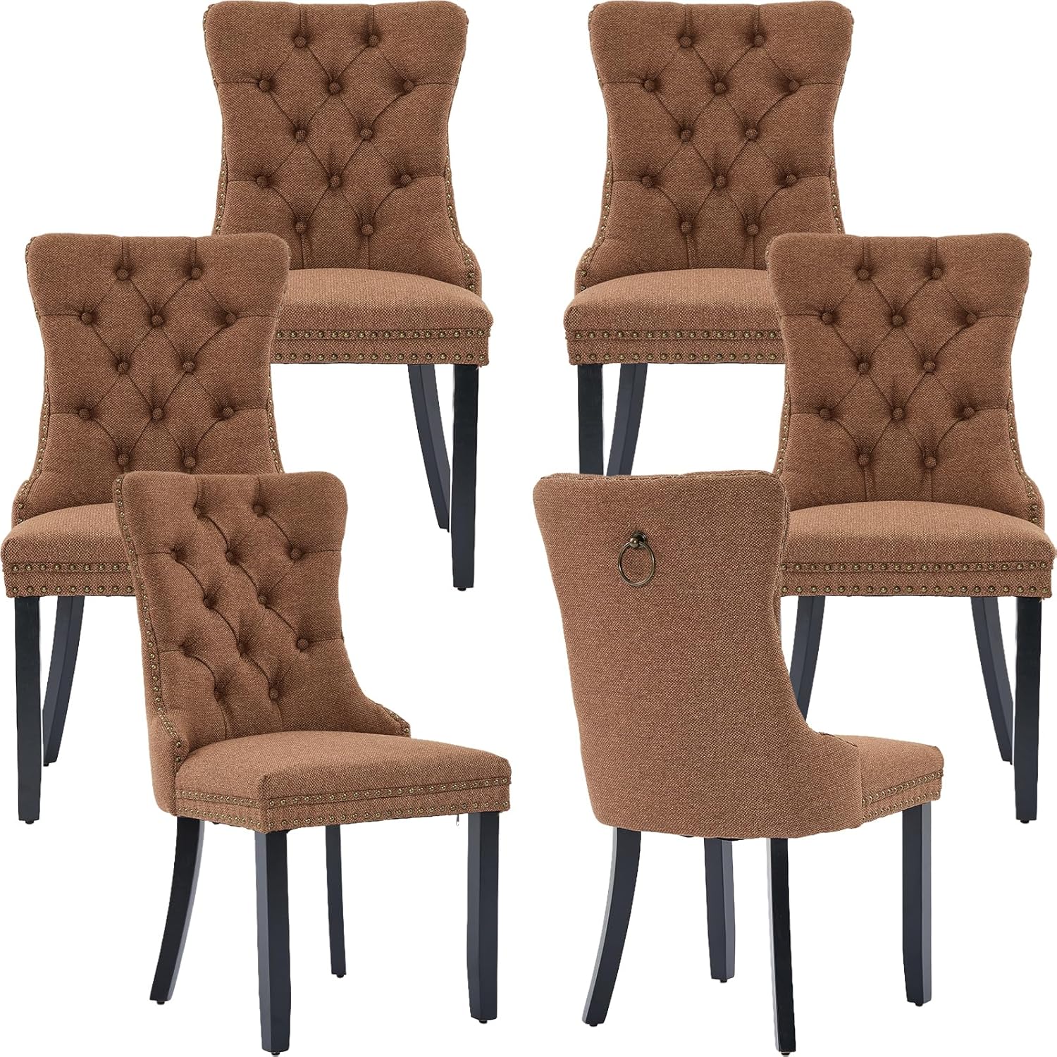 Linen Upholstered Dining Chairs Set of 6, Espresso Brown Mid Century Modern Dining Chairs, Kitchen & Dining Room Chairs with Wood Legs, Sillas de Comedor (Coffee, 6 Pcs)